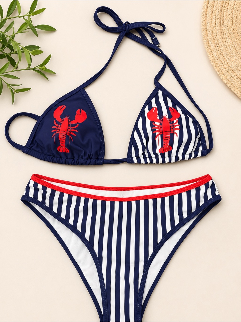 Navy Striped Bikini Set with Red Lobster Accent